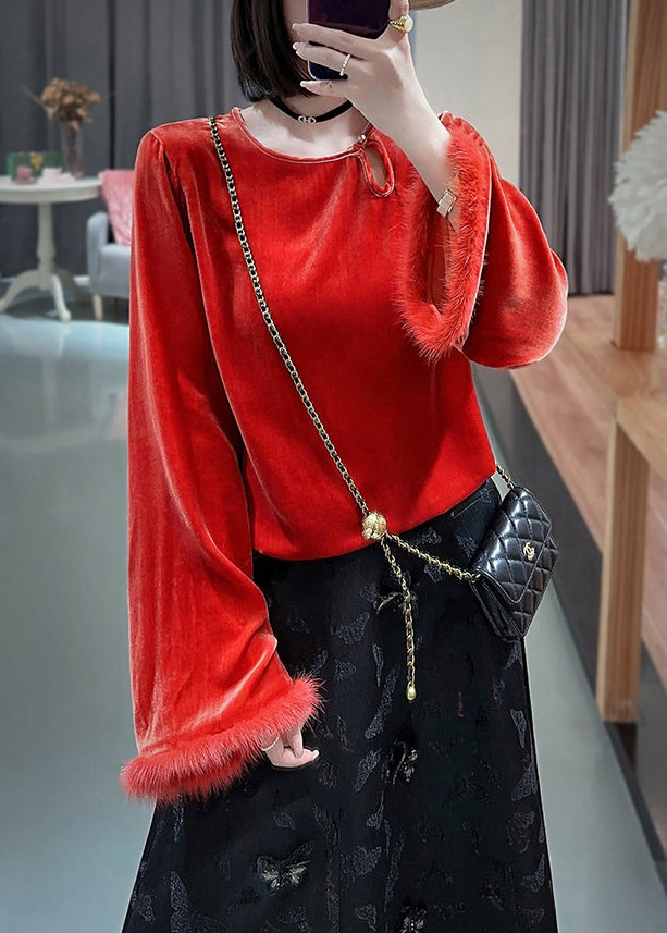 New Red O Neck Button Patchwork Silk Velour Top Long Sleeve Ada Fashion