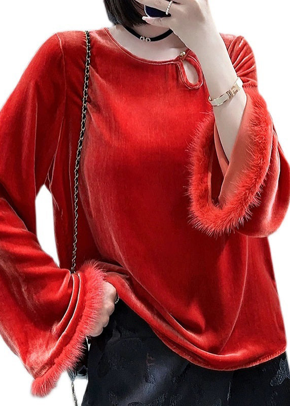 New Red O Neck Button Patchwork Silk Velour Top Long Sleeve Ada Fashion