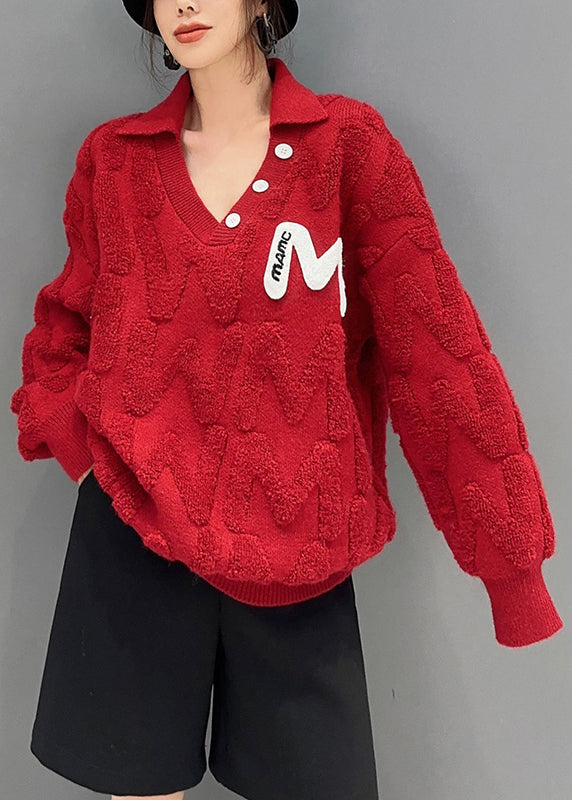 New Red Peter Pan Collar Patchwork Cozy Knit Top Fall Ada Fashion