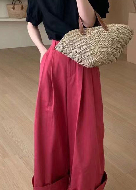 New Red Pockets High Waist Patchwork Cotton Wide Leg Pants Fall Ada Fashion