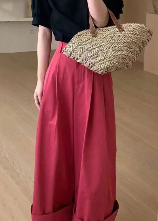 New Red Pockets High Waist Patchwork Cotton Wide Leg Pants Fall Ada Fashion