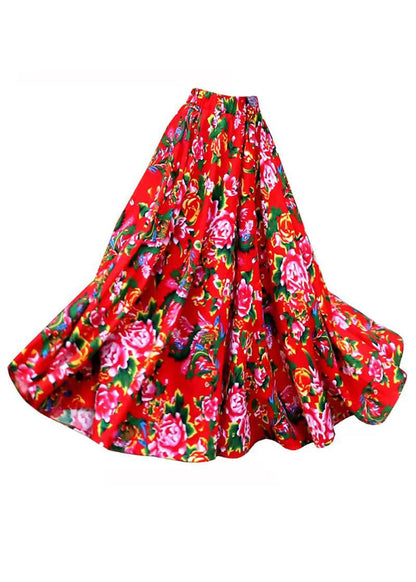 New Red Print Elastic Waist Patchwork Cotton Exra Large Hem Skirts Fall Ada Fashion