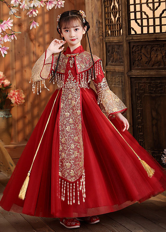 New Red Stand Collar Embroideried Tassel Tulle Kids Long Dress Fall Ada Fashion