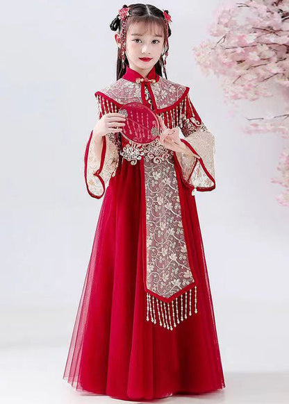 New Red Stand Collar Embroideried Tassel Tulle Kids Long Dress Fall Ada Fashion