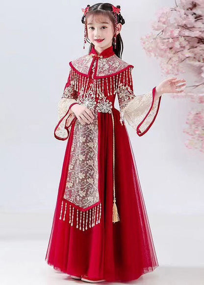 New Red Stand Collar Embroideried Tassel Tulle Kids Long Dress Fall Ada Fashion