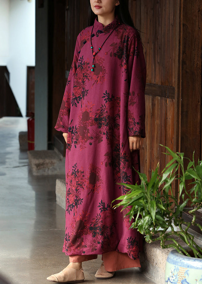 New Red Stand Collar Print Button Cotton Long Dresses Fall Ada Fashion