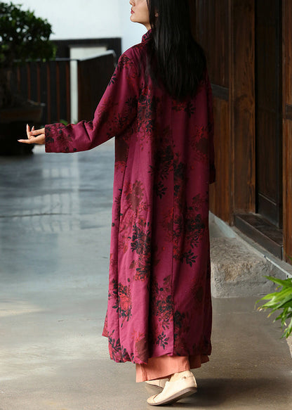 New Red Stand Collar Print Button Cotton Long Dresses Fall Ada Fashion