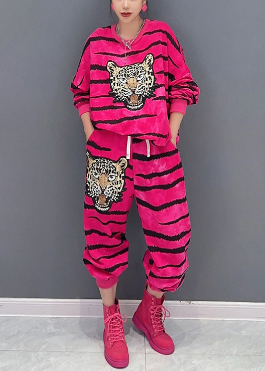 New Rose Striped Print Pockets Patchwork Cotton Two Pieces Set Fall Ada Fashion