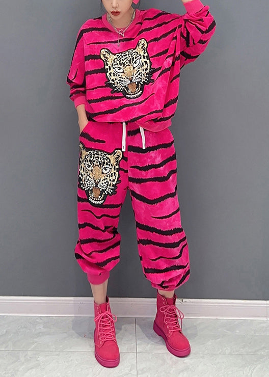 New Rose Striped Print Pockets Patchwork Cotton Two Pieces Set Fall Ada Fashion