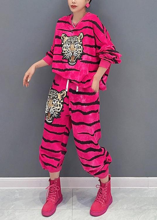 New Rose Striped Print Pockets Patchwork Cotton Two Pieces Set Fall Ada Fashion