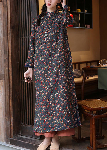 New Rust Print Side Open Patchwork Cotton Dresses Long Sleeve Ada Fashion