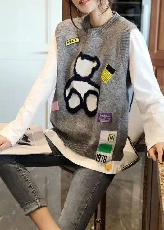New Style Grey O-Neck Vest Little Bear Sleeveless Autumn Ada Fashion