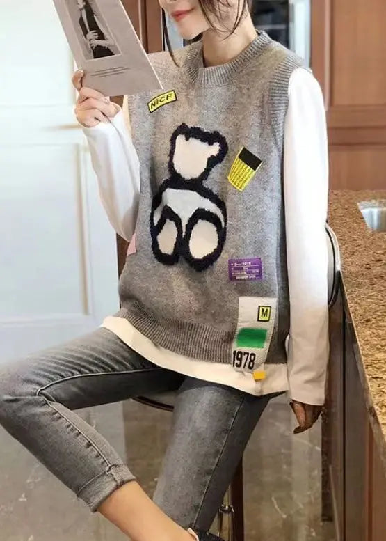 New Style Grey O-Neck Vest Little Bear Sleeveless Autumn Ada Fashion