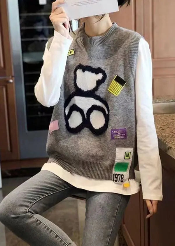 New Style Grey O-Neck Vest Little Bear Sleeveless Autumn Ada Fashion