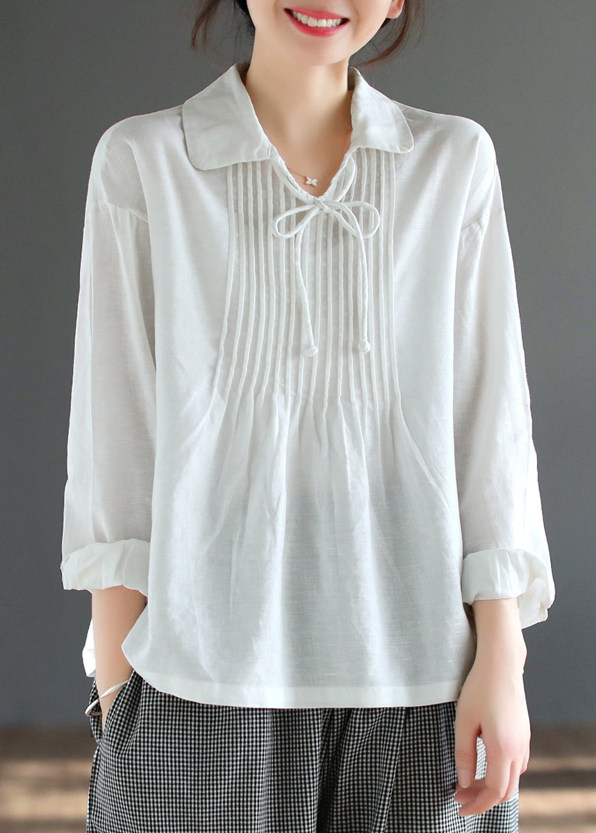 New White Peter Pan Collar Wrinkled Cotton Blouses Fall Ada Fashion