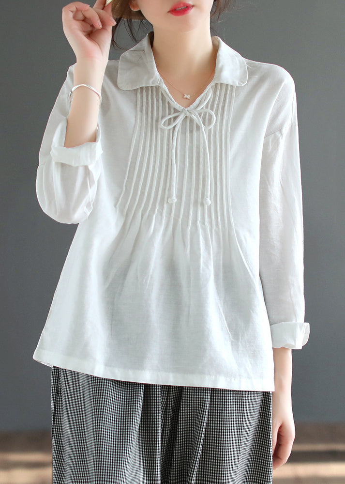 New White Peter Pan Collar Wrinkled Cotton Blouses Fall Ada Fashion