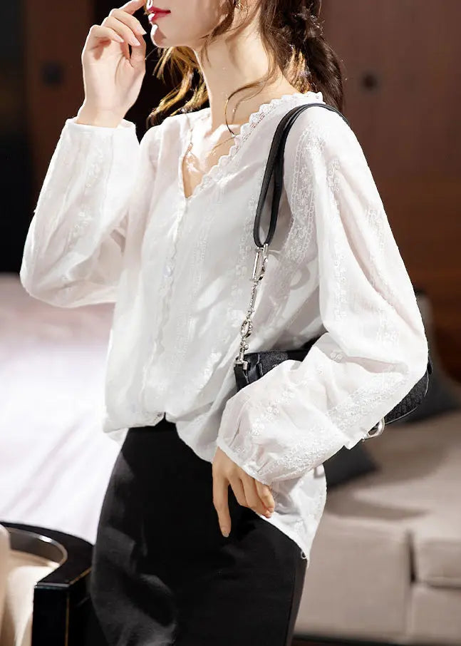 New White V Neck Lace Patchwork Cotton Shirt Long Sleeve Ada Fashion