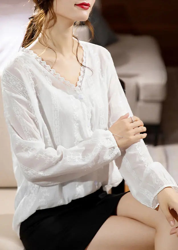 New White V Neck Lace Patchwork Cotton Shirt Long Sleeve Ada Fashion