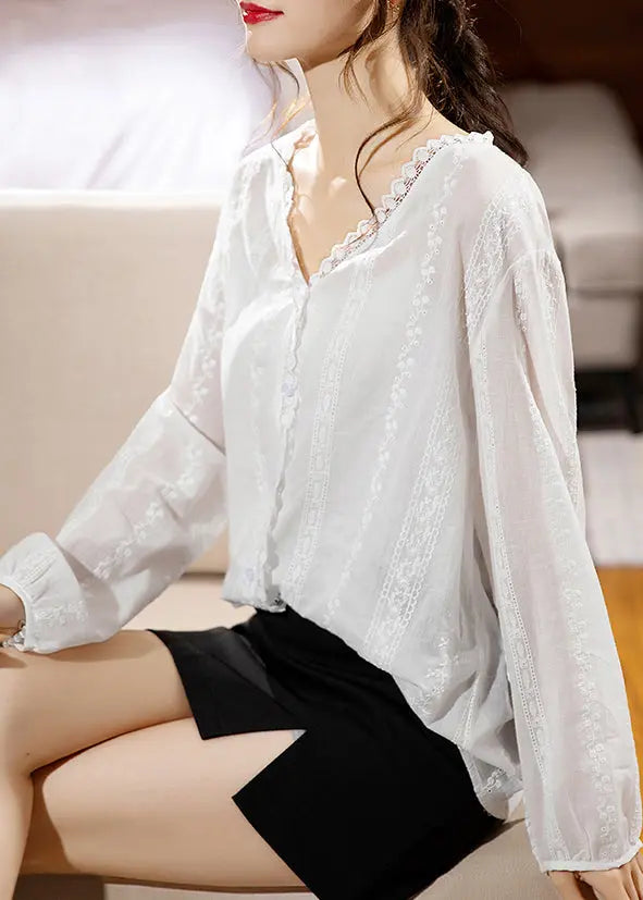 New White V Neck Lace Patchwork Cotton Shirt Long Sleeve Ada Fashion