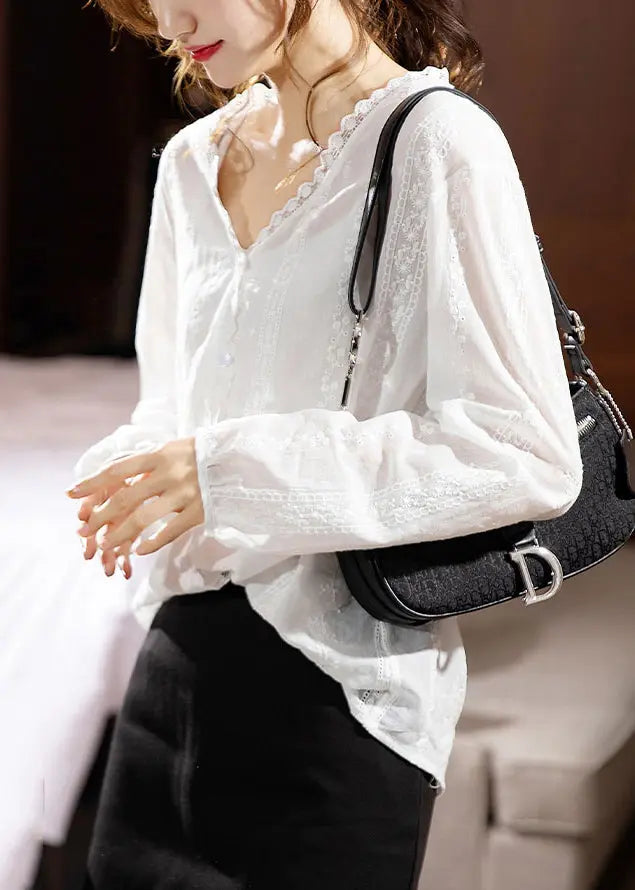 New White V Neck Lace Patchwork Cotton Shirt Long Sleeve Ada Fashion