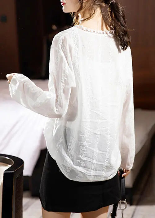 New White V Neck Lace Patchwork Cotton Shirt Long Sleeve Ada Fashion