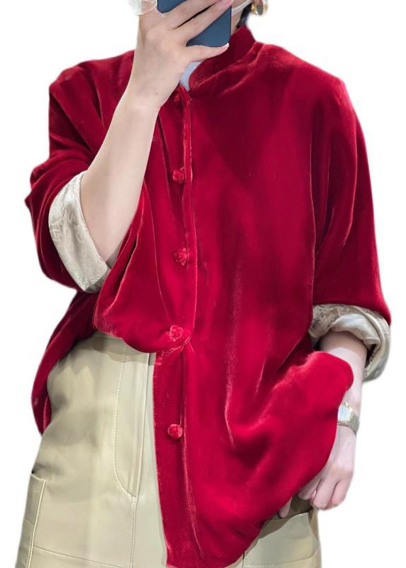 New Wine Red Button Patchwork Silk Velour Blouses Fall Ada Fashion