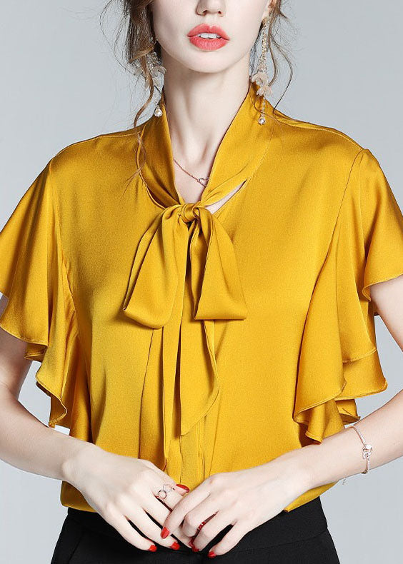 New Yellow Bow Ruffled Patchwork Silk Shirt Tops Summer LY0116 - fabuloryshop