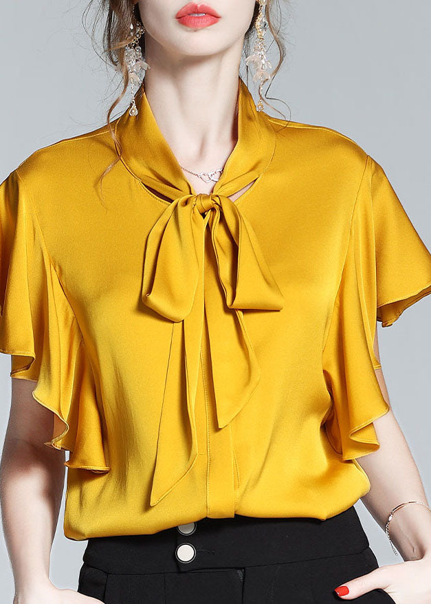 New Yellow Bow Ruffled Patchwork Silk Shirt Tops Summer LY0116 - fabuloryshop