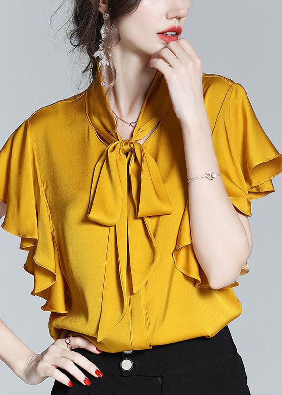 New Yellow Bow Ruffled Patchwork Silk Shirt Tops Summer LY0116 - fabuloryshop