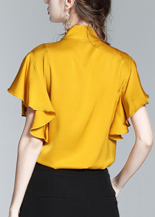 New Yellow Bow Ruffled Patchwork Silk Shirt Tops Summer LY0116 - fabuloryshop