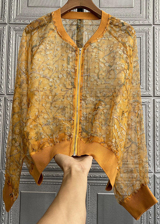 New Yellow Embroideried Zippered Patchwork Silk Thin Coats Long Sleeve Ada Fashion