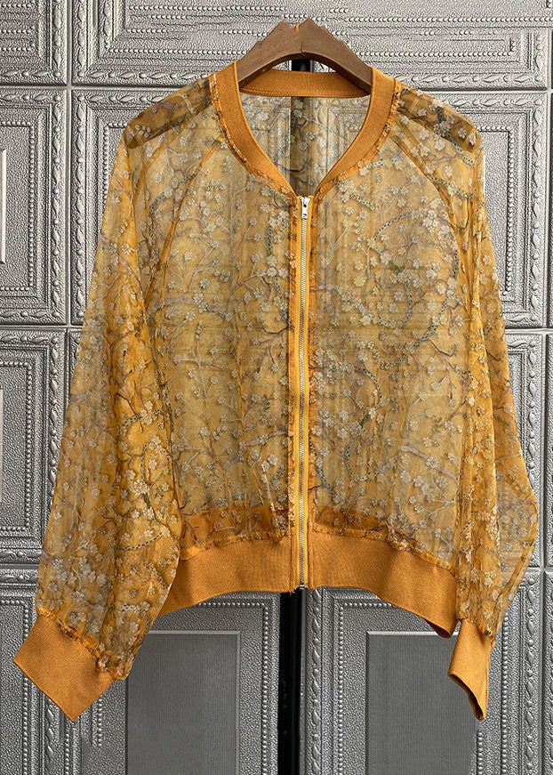 New Yellow Embroideried Zippered Patchwork Silk Thin Coats Long Sleeve Ada Fashion