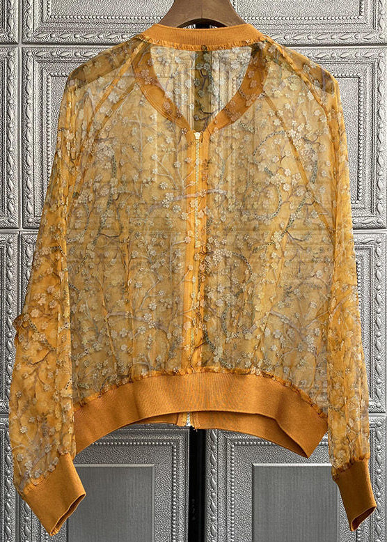 New Yellow Embroideried Zippered Patchwork Silk Thin Coats Long Sleeve Ada Fashion