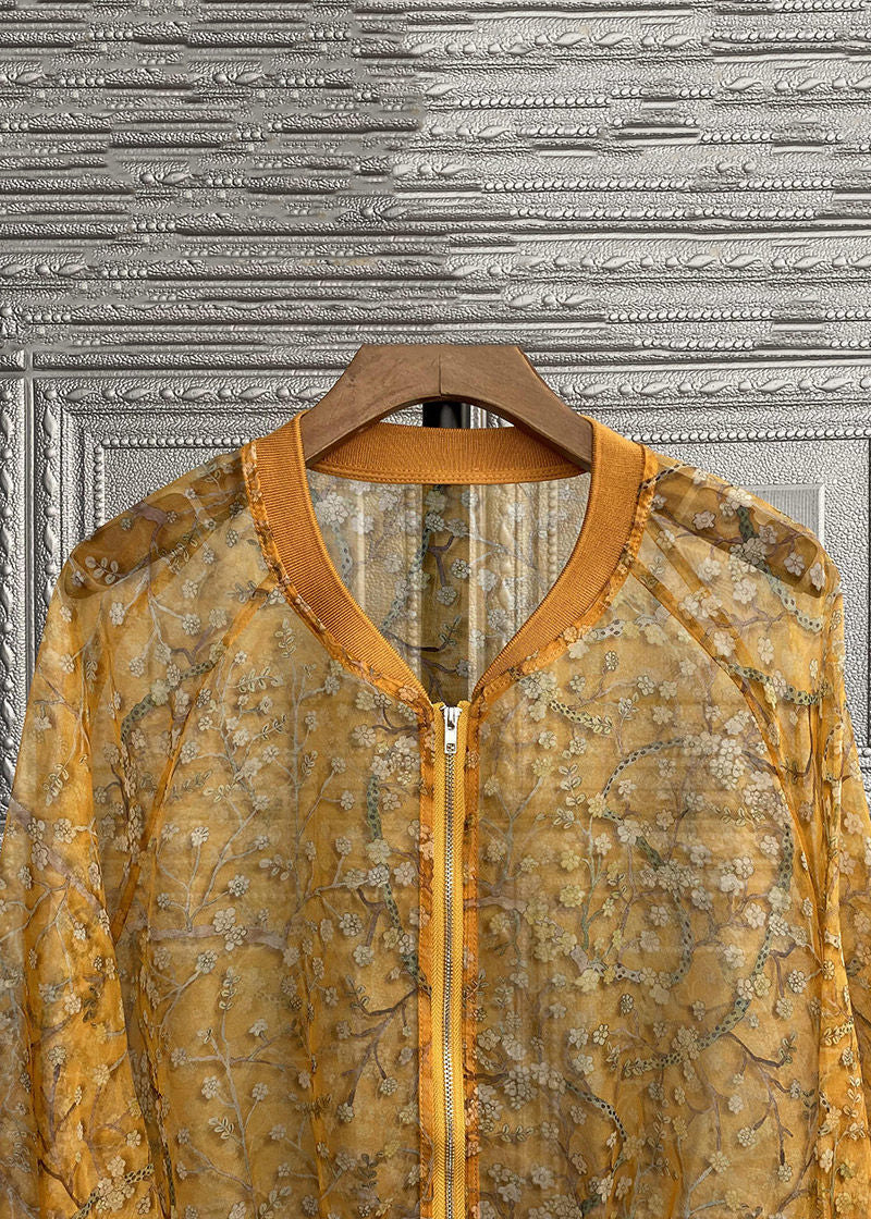 New Yellow Embroideried Zippered Patchwork Silk Thin Coats Long Sleeve Ada Fashion