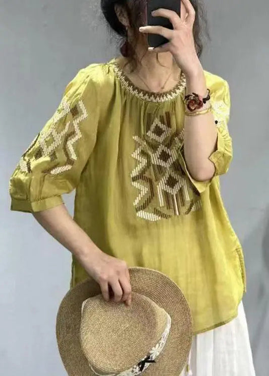 New Yellow O-Neck Embroideried Patchwork Cotton T Shirt Half Sleeve Ada Fashion