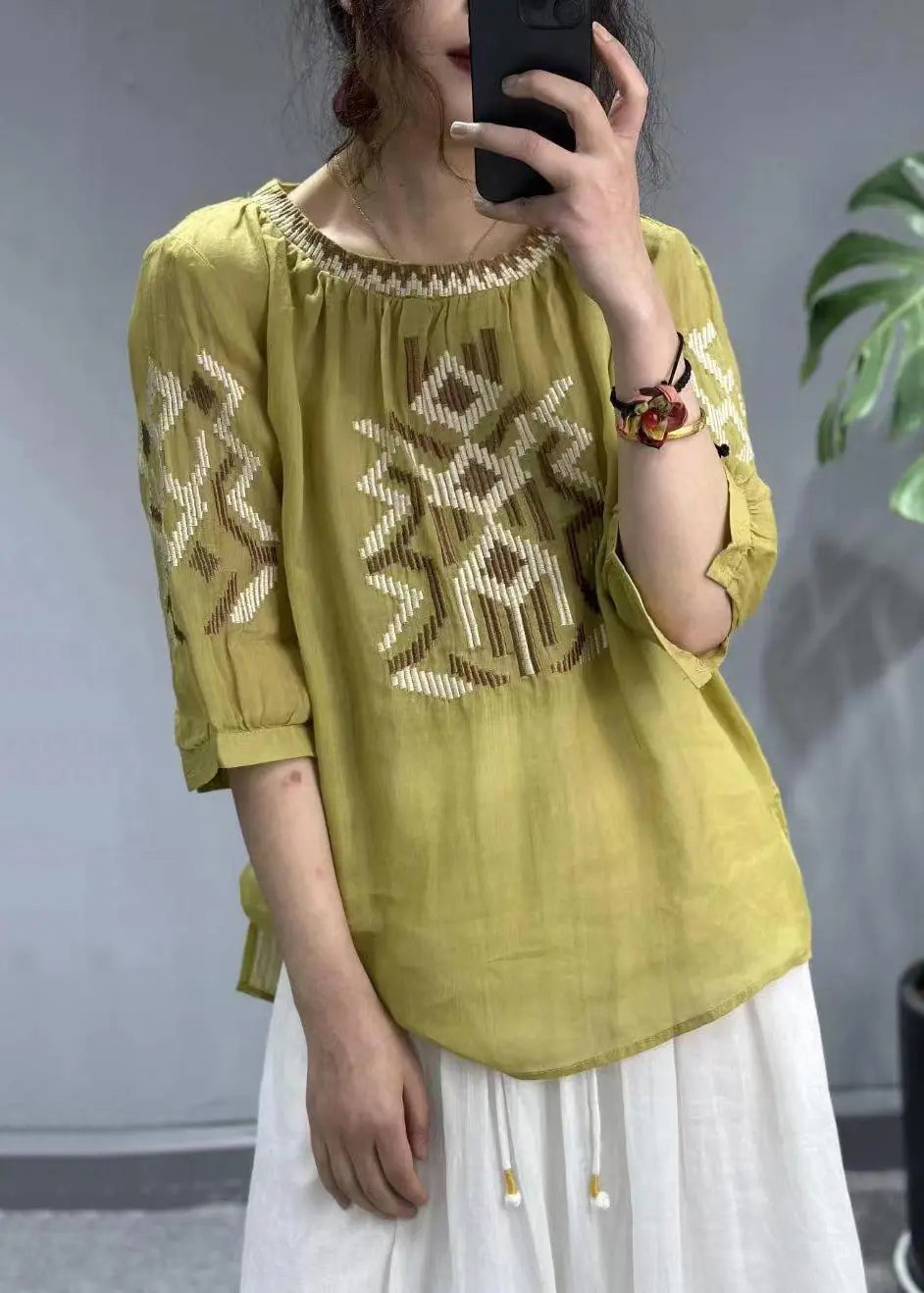 New Yellow O-Neck Embroideried Patchwork Cotton T Shirt Half Sleeve Ada Fashion