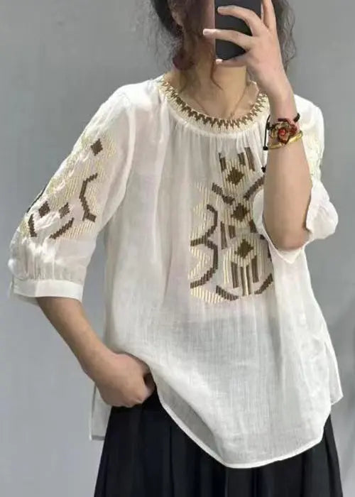 New Yellow O-Neck Embroideried Patchwork Cotton T Shirt Half Sleeve Ada Fashion