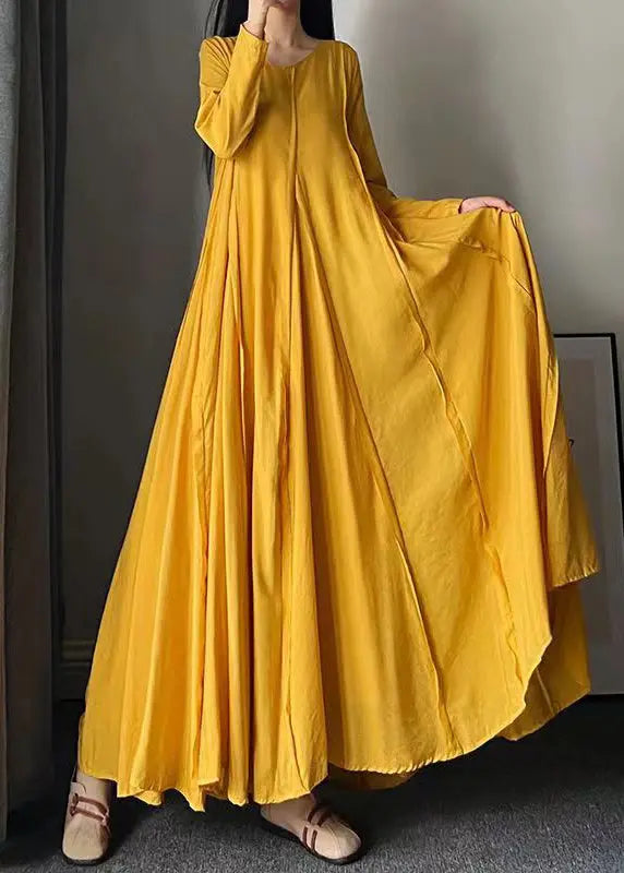 New Yellow O Neck Wrinkled Patchwork Cotton Exra Large Hem Dress Fall Ada Fashion