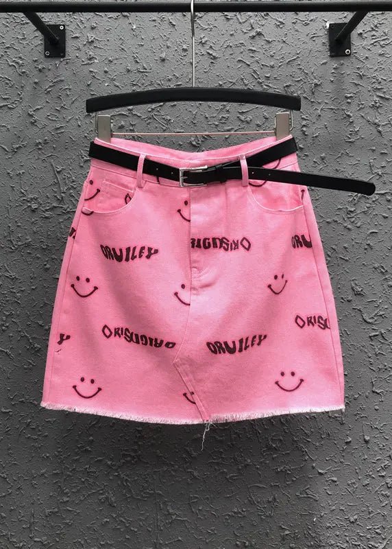 Novel Pink Smiley Face Printed Pocket Denim Skirt Summer Ada Fashion