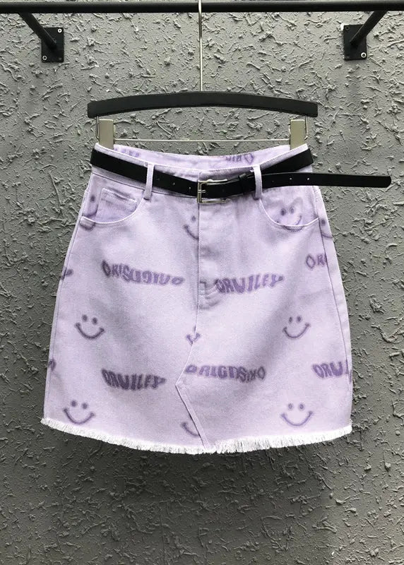 Novel Pink Smiley Face Printed Pocket Denim Skirt Summer Ada Fashion