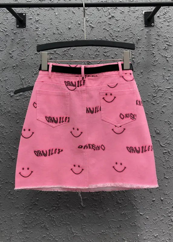 Novel Pink Smiley Face Printed Pocket Denim Skirt Summer Ada Fashion