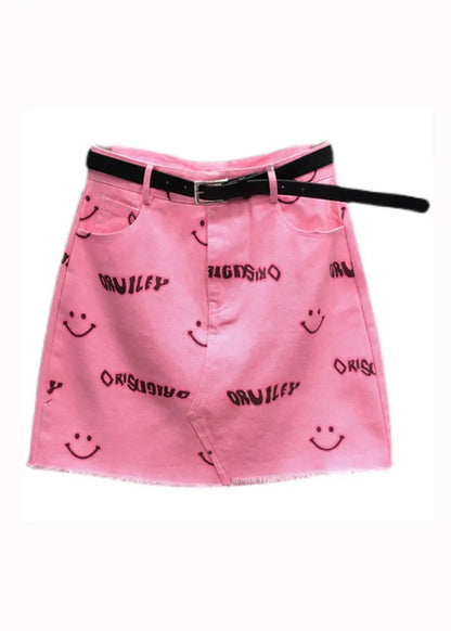 Novel Pink Smiley Face Printed Pocket Denim Skirt Summer Ada Fashion