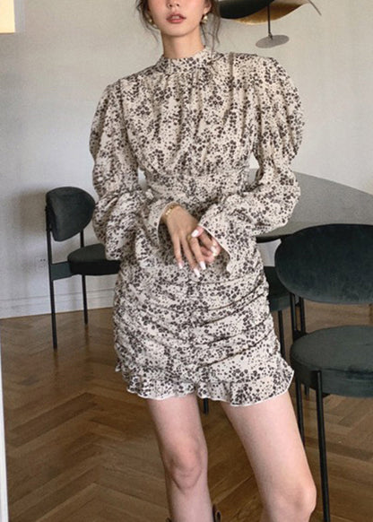 Novelty Apricot Turtleneck Cinched Print Mid Dress Long Sleeve LY2612 - fabuloryshop