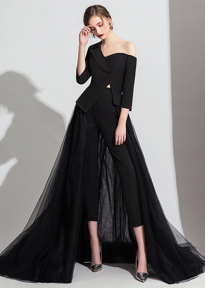 Novelty Black Lace Up Tulle Patchwork Three Pieces Set Fall Ada Fashion