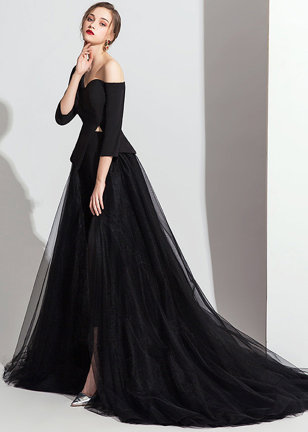 Novelty Black Lace Up Tulle Patchwork Three Pieces Set Fall Ada Fashion