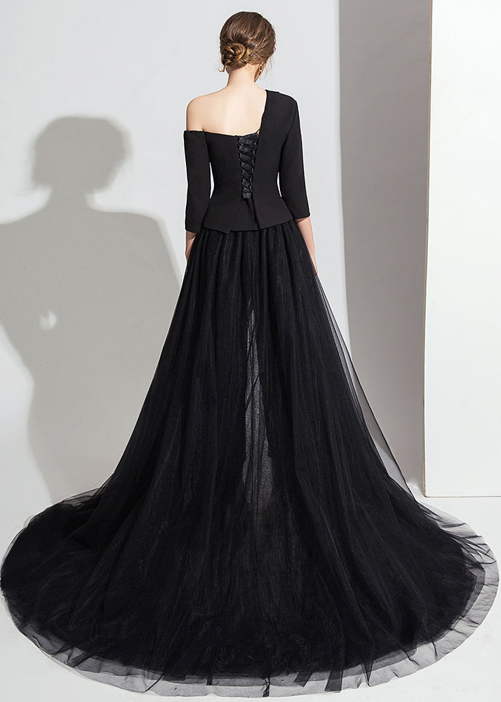 Novelty Black Lace Up Tulle Patchwork Three Pieces Set Fall Ada Fashion