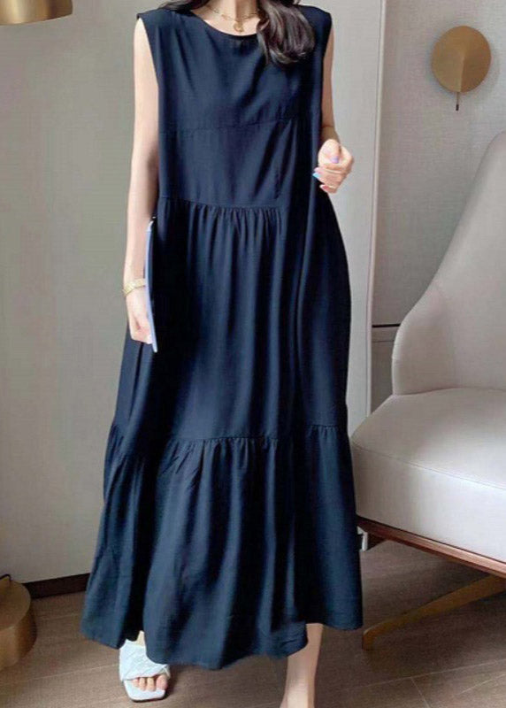 Novelty Black O-Neck Patchwork Wrinkled Cotton Long Dress Summer LY2917