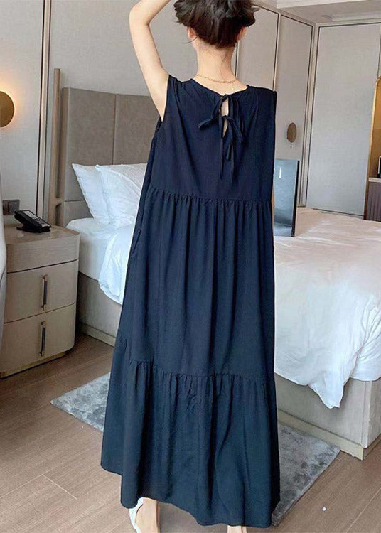 Novelty Black O-Neck Patchwork Wrinkled Cotton Long Dress Summer LY2917