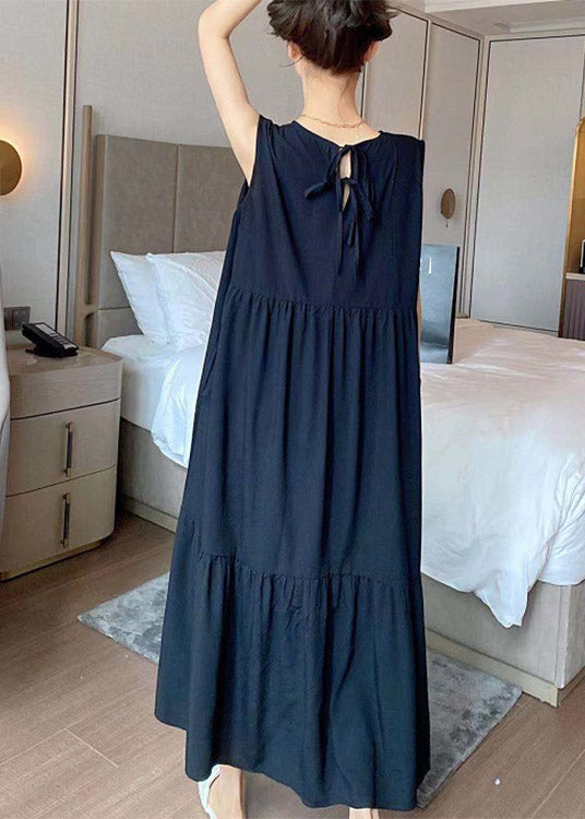 Novelty Black O-Neck Patchwork Wrinkled Cotton Long Dress Summer LY2917 - fabuloryshop