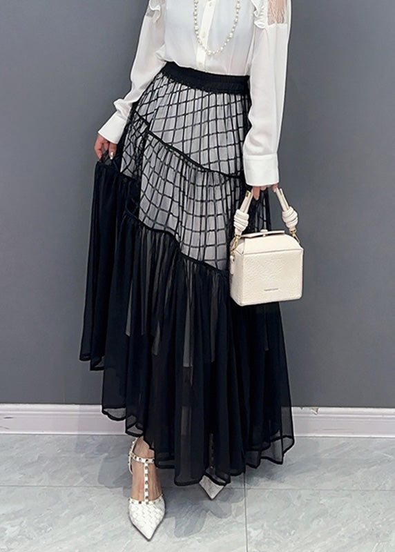 Novelty Black Plaid Patchwork Chiffon Maxi Skirts LY4401 - fabuloryshop